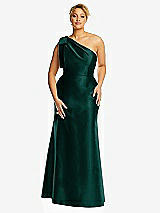 Front View Thumbnail - Evergreen Bow One-Shoulder Satin Trumpet Gown