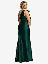 Rear View Thumbnail - Evergreen Bow One-Shoulder Satin Trumpet Gown