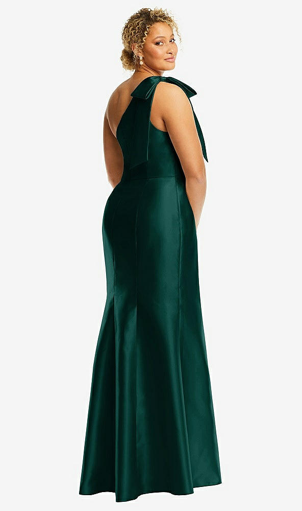 Back View - Evergreen Bow One-Shoulder Satin Trumpet Gown