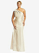 Front View Thumbnail - French Blue Bow One-Shoulder Satin Trumpet Gown