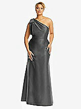Front View Thumbnail - Gunmetal Bow One-Shoulder Satin Trumpet Gown