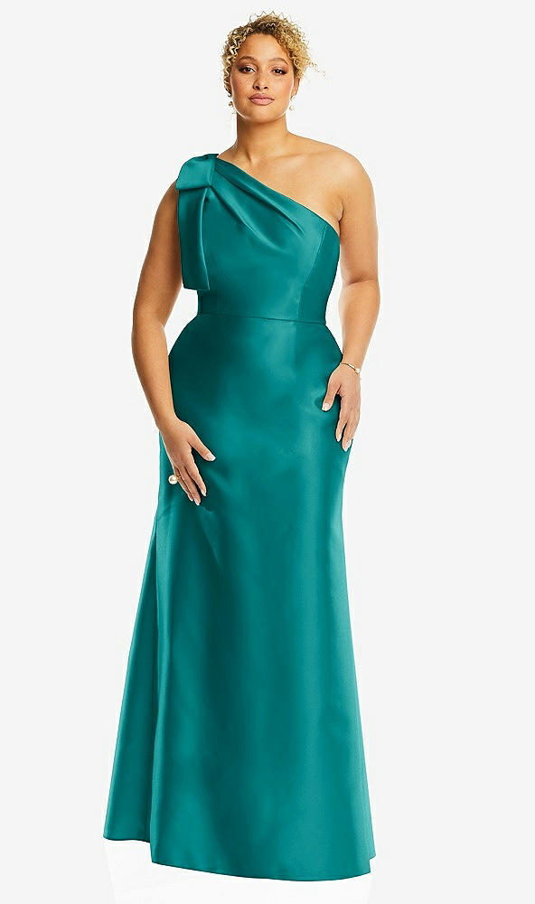 Front View - Jade Bow One-Shoulder Satin Trumpet Gown