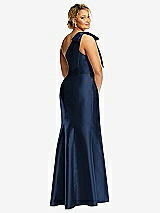 Rear View Thumbnail - Midnight Navy Bow One-Shoulder Satin Trumpet Gown