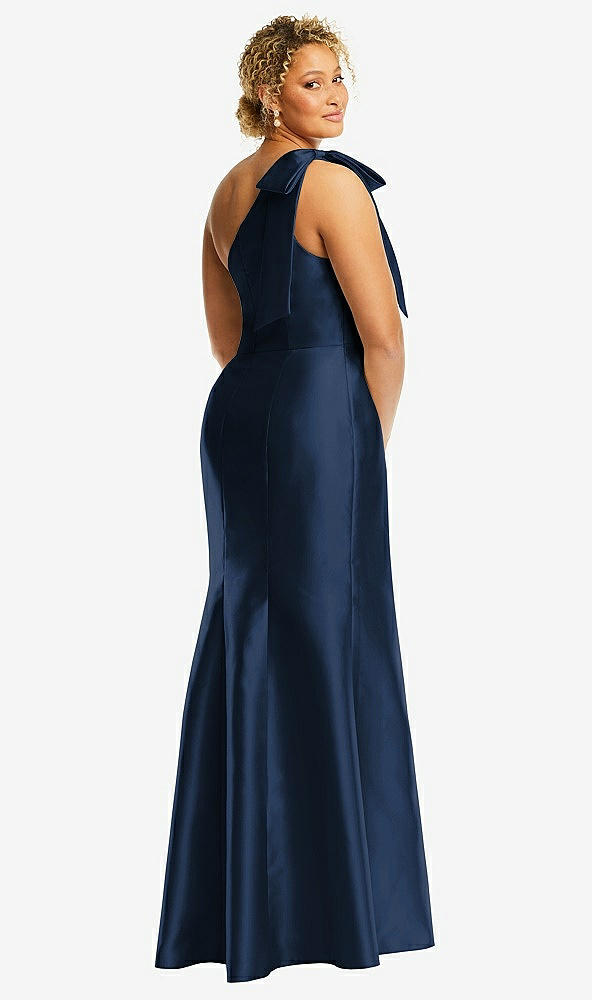 Back View - Midnight Navy Bow One-Shoulder Satin Trumpet Gown