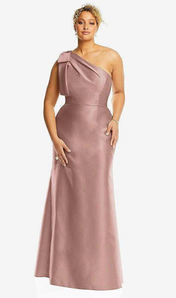Front View - Neu Nude Bow One-Shoulder Satin Trumpet Gown