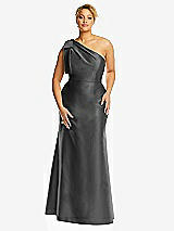 Front View Thumbnail - Pewter Bow One-Shoulder Satin Trumpet Gown