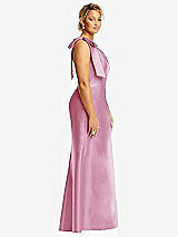 Side View Thumbnail - Powder Pink Bow One-Shoulder Satin Trumpet Gown