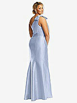 Rear View Thumbnail - Sky Blue Bow One-Shoulder Satin Trumpet Gown
