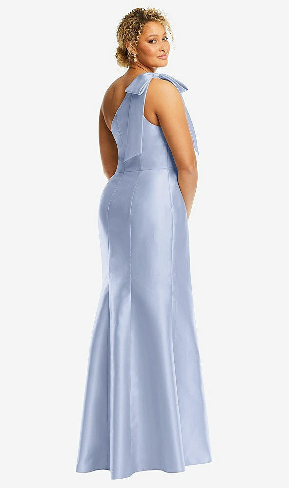 Back View - Sky Blue Bow One-Shoulder Satin Trumpet Gown