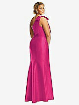 Rear View Thumbnail - Think Pink Bow One-Shoulder Satin Trumpet Gown