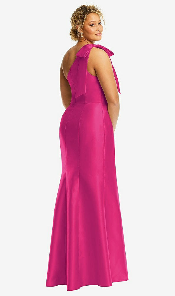 Back View - Think Pink Bow One-Shoulder Satin Trumpet Gown