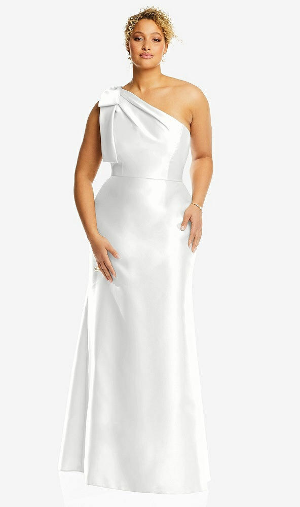 Front View - White Bow One-Shoulder Satin Trumpet Gown