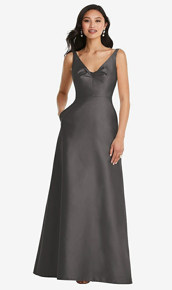 Front View - Caviar Gray Pleated Bodice Open-Back Maxi Dress with Pockets