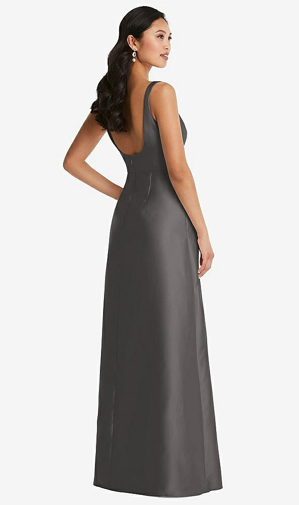 Back View - Caviar Gray Pleated Bodice Open-Back Maxi Dress with Pockets