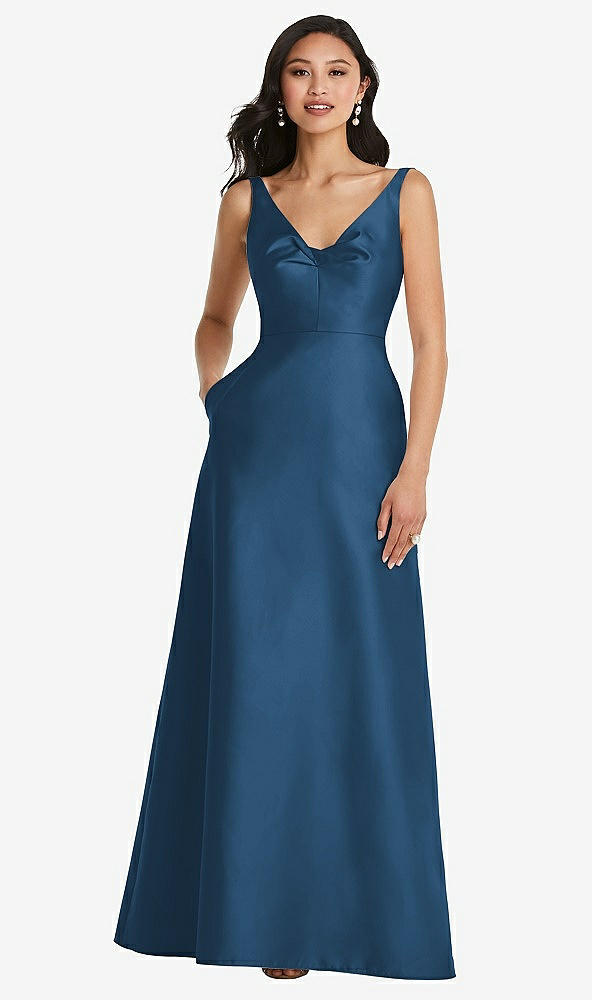 Front View - Dusk Blue Pleated Bodice Open-Back Maxi Dress with Pockets