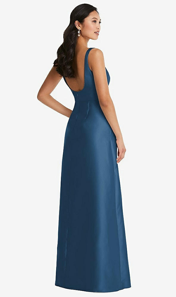 Back View - Dusk Blue Pleated Bodice Open-Back Maxi Dress with Pockets