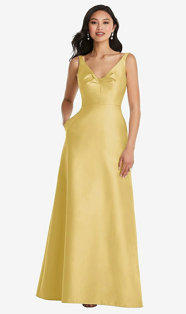 Front View - Maize Pleated Bodice Open-Back Maxi Dress with Pockets