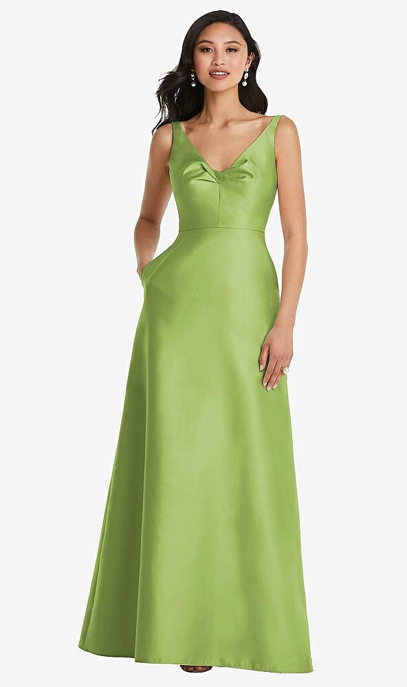 Front View - Mojito Pleated Bodice Open-Back Maxi Dress with Pockets
