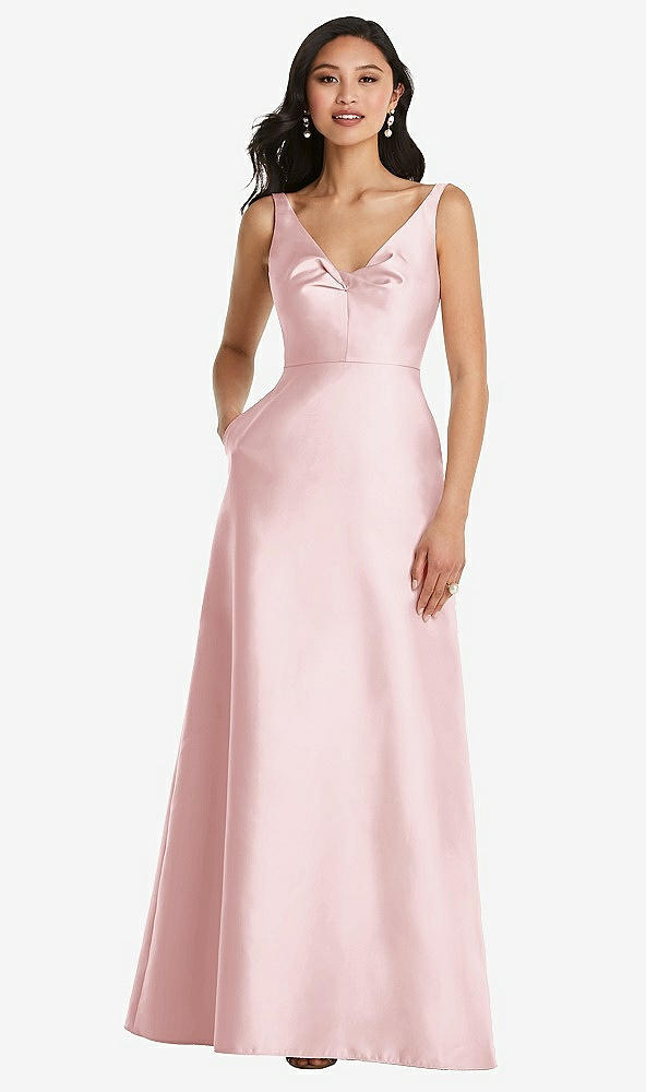 Front View - Ballet Pink Pleated Bodice Open-Back Maxi Dress with Pockets