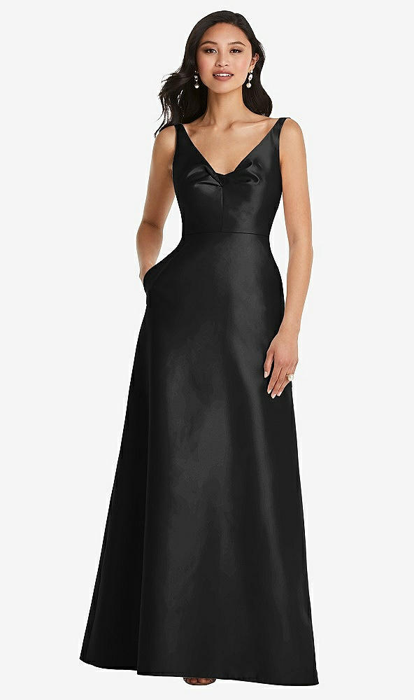 Front View - Black Pleated Bodice Open-Back Maxi Dress with Pockets
