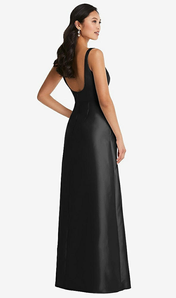 Back View - Black Pleated Bodice Open-Back Maxi Dress with Pockets