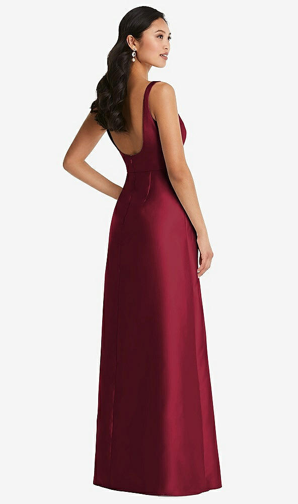 Back View - Burgundy Pleated Bodice Open-Back Maxi Dress with Pockets