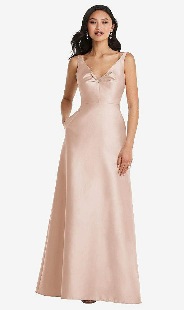 Front View - Cameo Pleated Bodice Open-Back Maxi Dress with Pockets