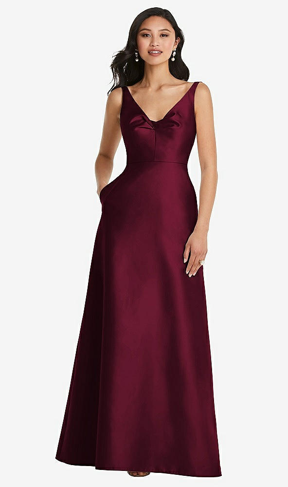 Front View - Cabernet Pleated Bodice Open-Back Maxi Dress with Pockets
