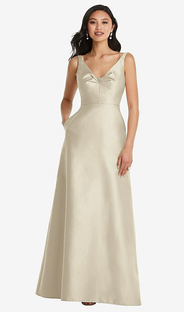 Front View - Champagne Pleated Bodice Open-Back Maxi Dress with Pockets