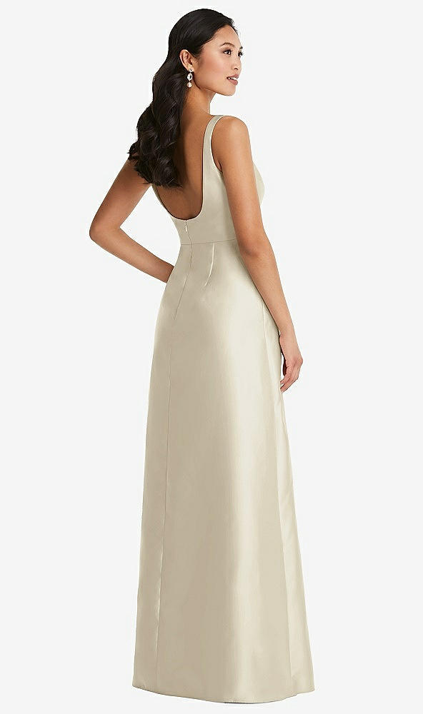 Back View - Champagne Pleated Bodice Open-Back Maxi Dress with Pockets