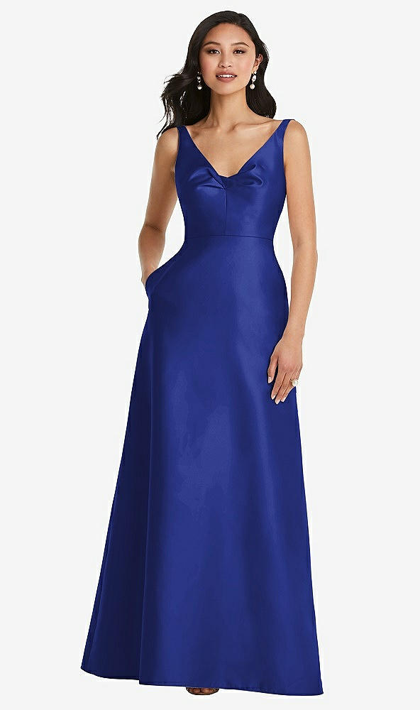Front View - Cobalt Blue Pleated Bodice Open-Back Maxi Dress with Pockets