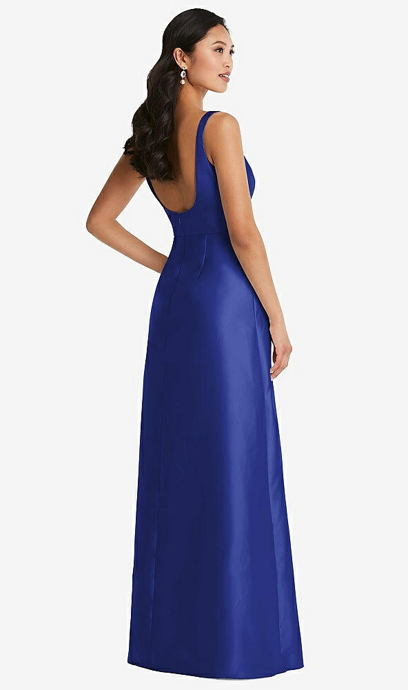 Back View - Cobalt Blue Pleated Bodice Open-Back Maxi Dress with Pockets