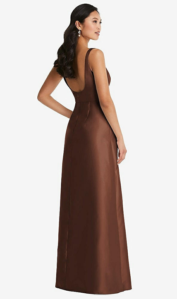 Back View - Cognac Pleated Bodice Open-Back Maxi Dress with Pockets