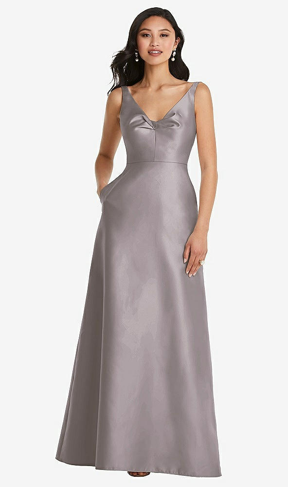 Front View - Cashmere Gray Pleated Bodice Open-Back Maxi Dress with Pockets
