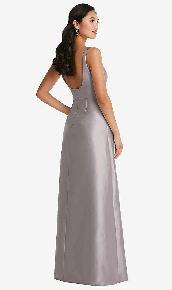 Back View - Cashmere Gray Pleated Bodice Open-Back Maxi Dress with Pockets