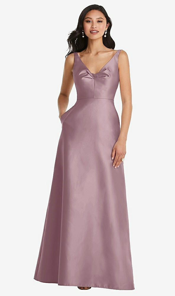 Front View - Dusty Rose Pleated Bodice Open-Back Maxi Dress with Pockets