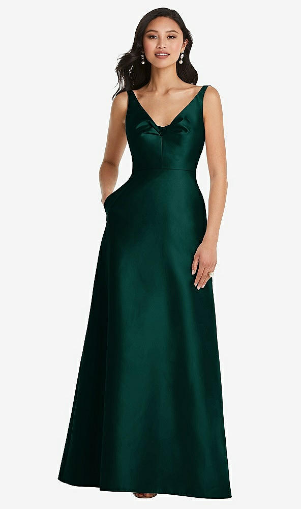 Front View - Evergreen Pleated Bodice Open-Back Maxi Dress with Pockets