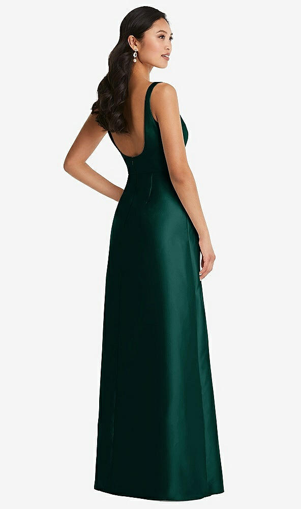 Back View - Evergreen Pleated Bodice Open-Back Maxi Dress with Pockets