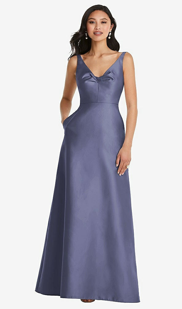 Front View - French Blue Pleated Bodice Open-Back Maxi Dress with Pockets