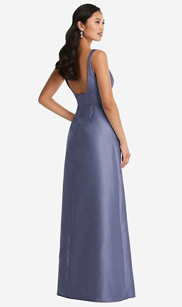 Back View - French Blue Pleated Bodice Open-Back Maxi Dress with Pockets