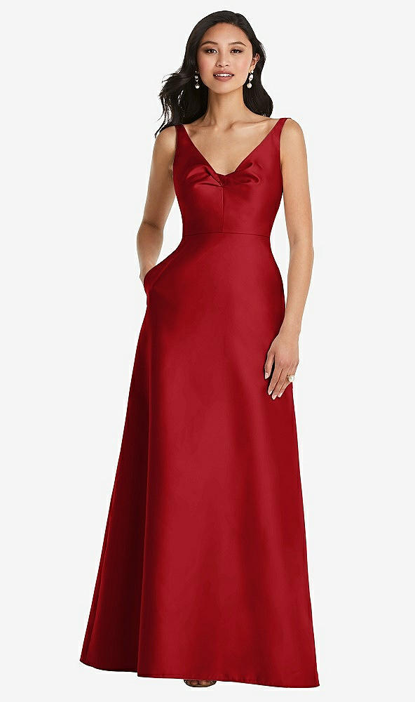 Front View - Garnet Pleated Bodice Open-Back Maxi Dress with Pockets