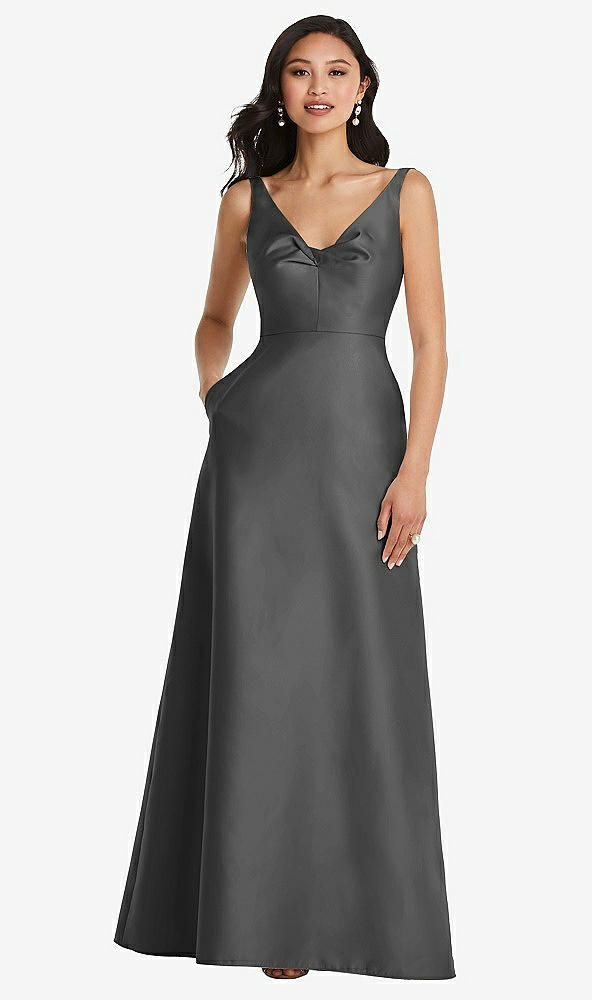 Front View - Gunmetal Pleated Bodice Open-Back Maxi Dress with Pockets