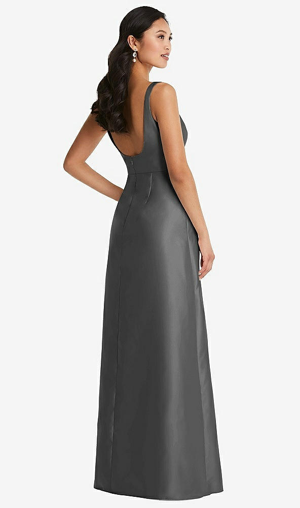 Back View - Gunmetal Pleated Bodice Open-Back Maxi Dress with Pockets