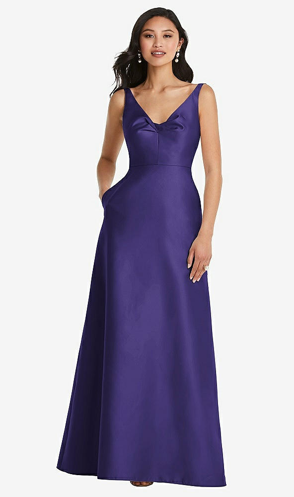 Front View - Grape Pleated Bodice Open-Back Maxi Dress with Pockets