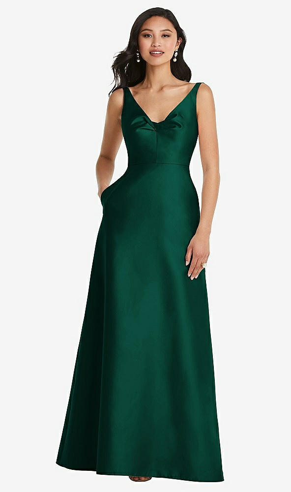 Front View - Hunter Green Pleated Bodice Open-Back Maxi Dress with Pockets