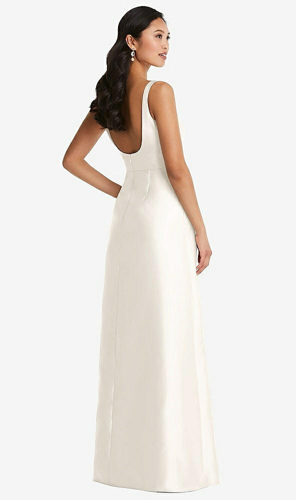 Back View - Ivory Pleated Bodice Open-Back Maxi Dress with Pockets