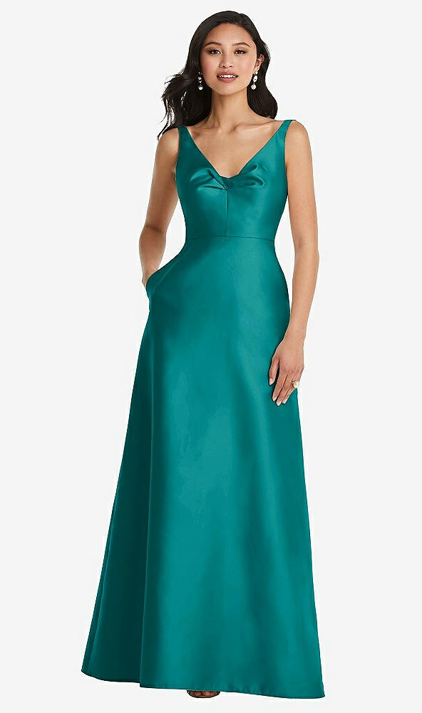 Front View - Jade Pleated Bodice Open-Back Maxi Dress with Pockets