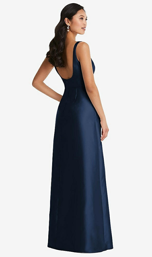 Back View - Midnight Navy Pleated Bodice Open-Back Maxi Dress with Pockets