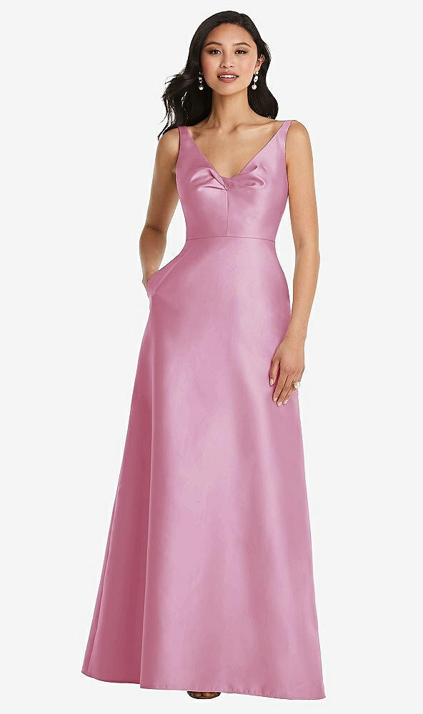 Front View - Powder Pink Pleated Bodice Open-Back Maxi Dress with Pockets