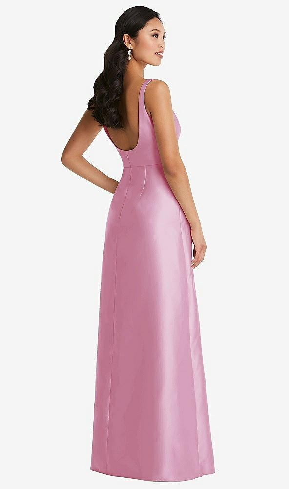 Back View - Powder Pink Pleated Bodice Open-Back Maxi Dress with Pockets